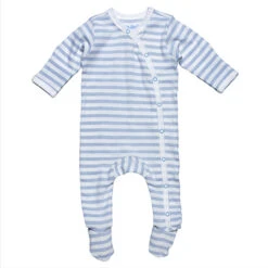 Under The Nile Side Snap Footie - Ice Blue/Off White Stripe