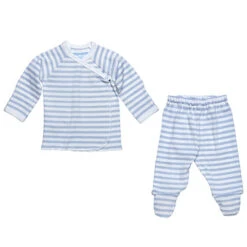 Under The Nile Side Snap Layette Set - Ice Blue/Off White Stripe